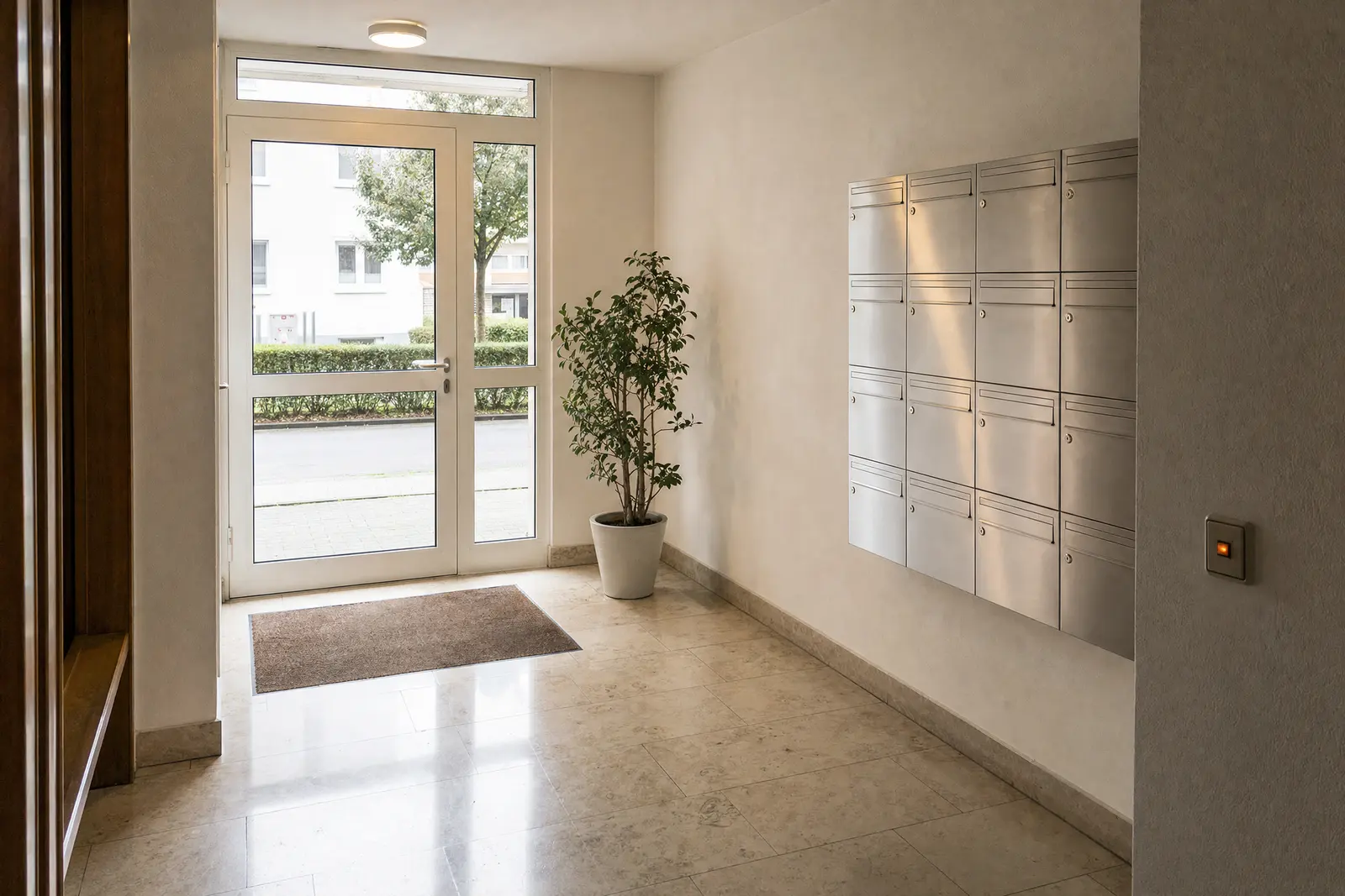 Gepflegter Eingangsbereich eines Mehrfamilienhauses mit Briefkastenanlage und frisch gewischtem Steinboden